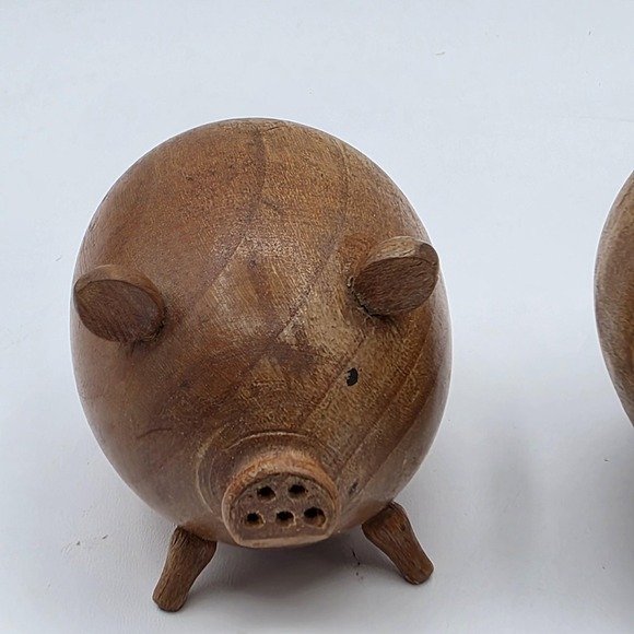 Wood Pig‎ Salt Pepper Shakers Set of 2 Hand Carved Wooden Farmhouse Rustic Decor - Picture 6 of 7